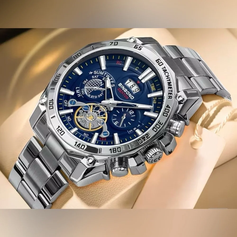 Binbond Bestwin Blue Dial Chronograph Silver Stainless Steel Quartz Watch